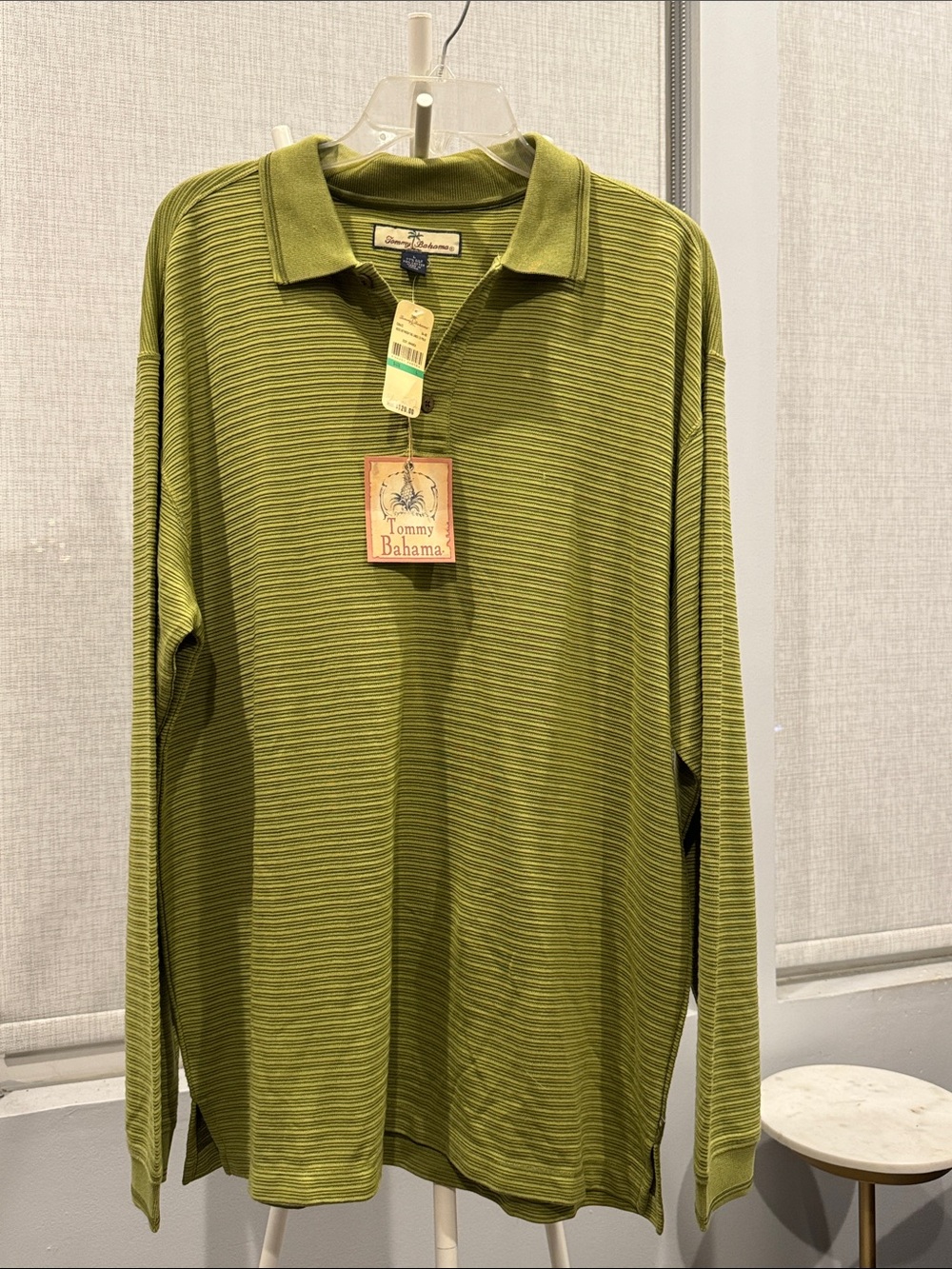 Tommy Bahama Olive Green Striped Long-Sleeve Polo Shirt Silk Size Large